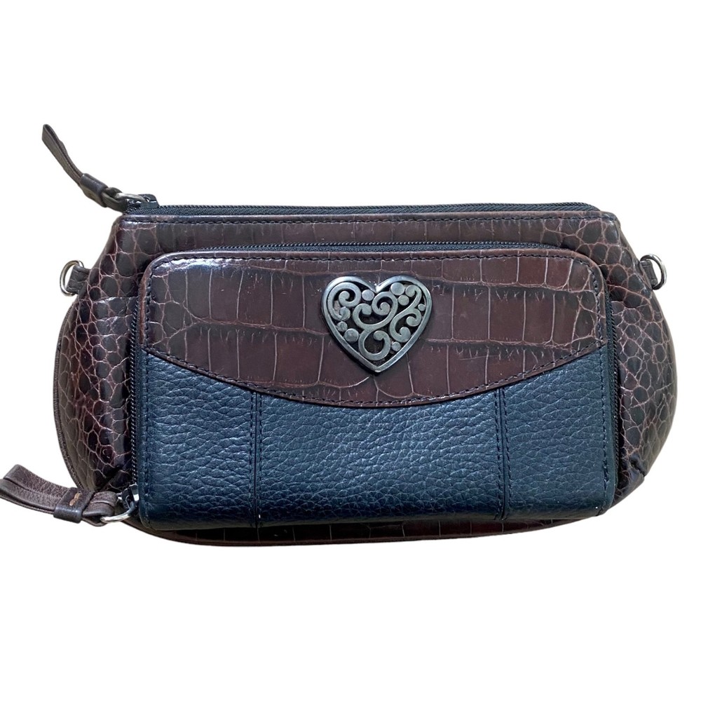 Vintage Brighton silver heart leather black brown croc clutch wallet belt bag